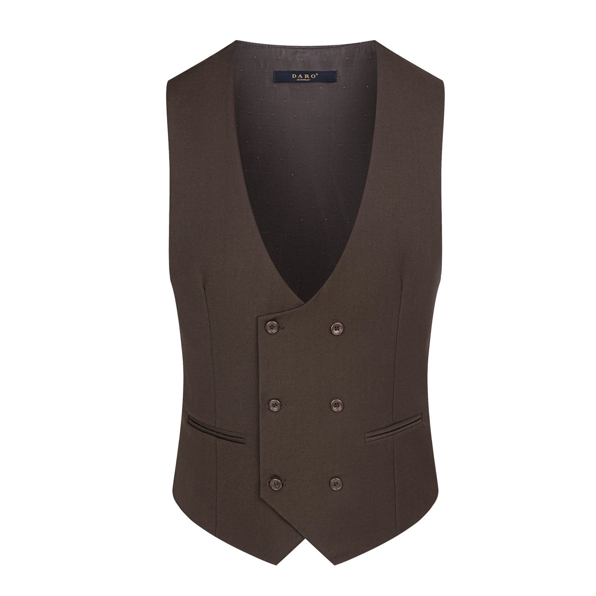 Full view of a men's brown 3-piece suit on a mannequin, including a single-breasted jacket, double-breasted vest, and