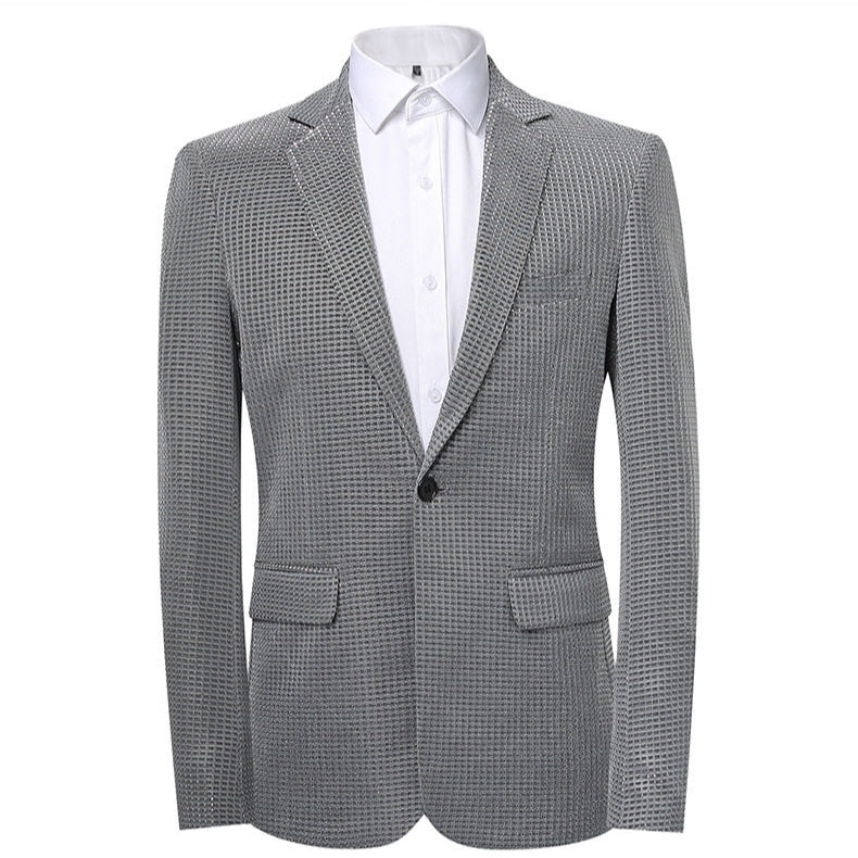 Front view of a Suitmine men's slim fit navy textured blazer with a shimmering grid pattern, paired with a white shirt.