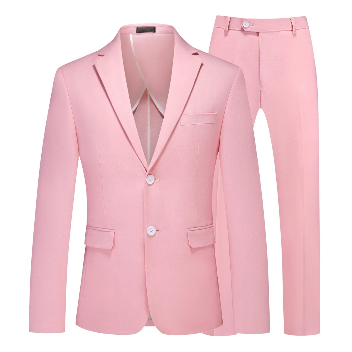Front view of a men's light pink slim fit suit, featuring a two-button blazer and matching trousers.