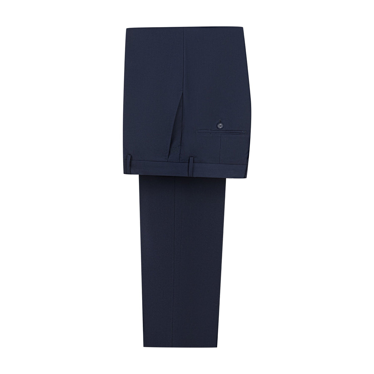 Full view of a men's navy blue three-piece suit with a white shirt, patterned tie, and gold chain lapel pin on a mannequin.