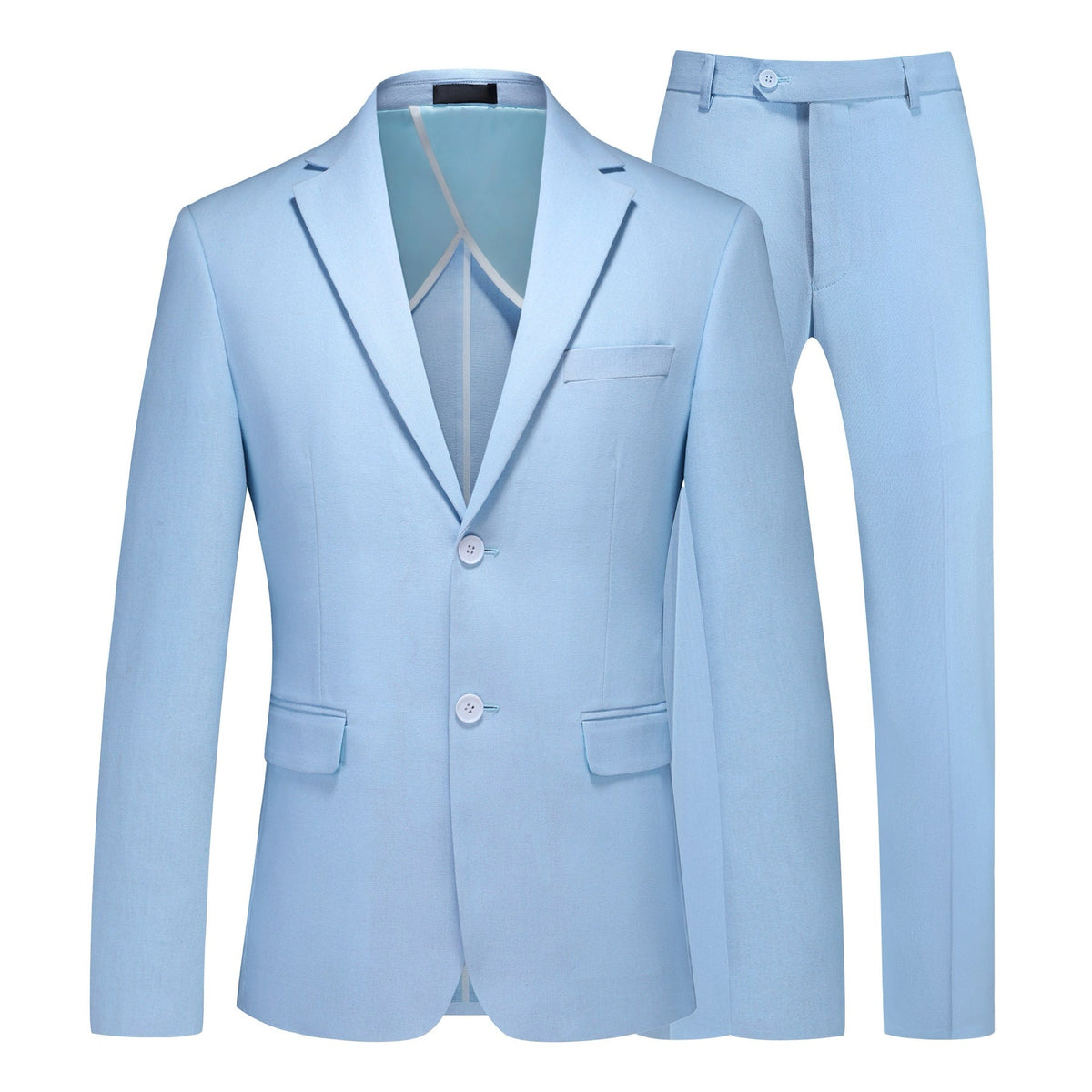 Front view of a men's light blue slim fit two-piece suit with a two-button blazer and matching trousers.