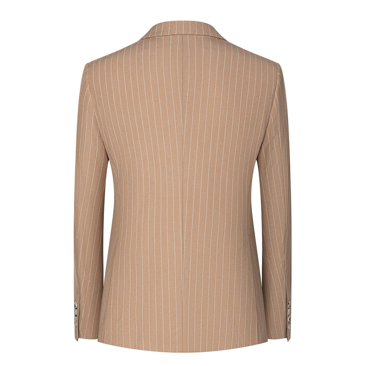Men's beige pinstripe three-piece suit with a single-breasted jacket, double-breasted vest, and matching trousers, styled