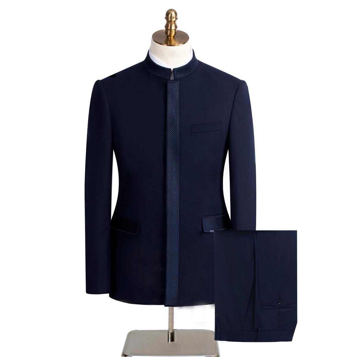 A collection of Suitmine men's mandarin collar suits in black, beige, dark green, and navy blue, featuring textured trim