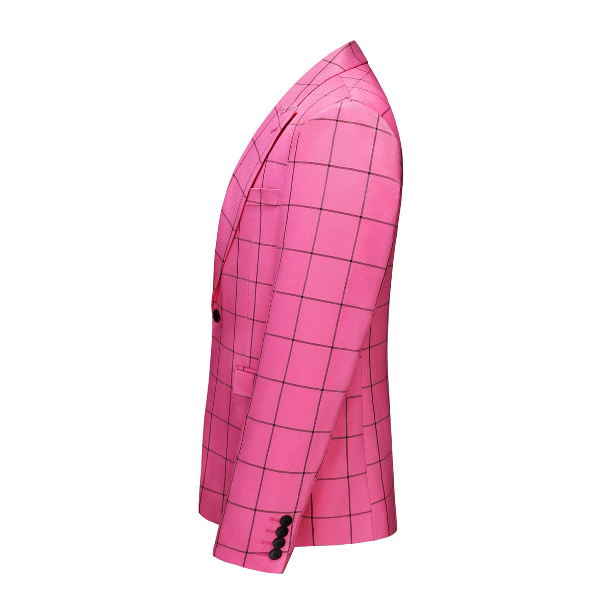 Front view of a men's bright pink plaid blazer and matching shorts set.