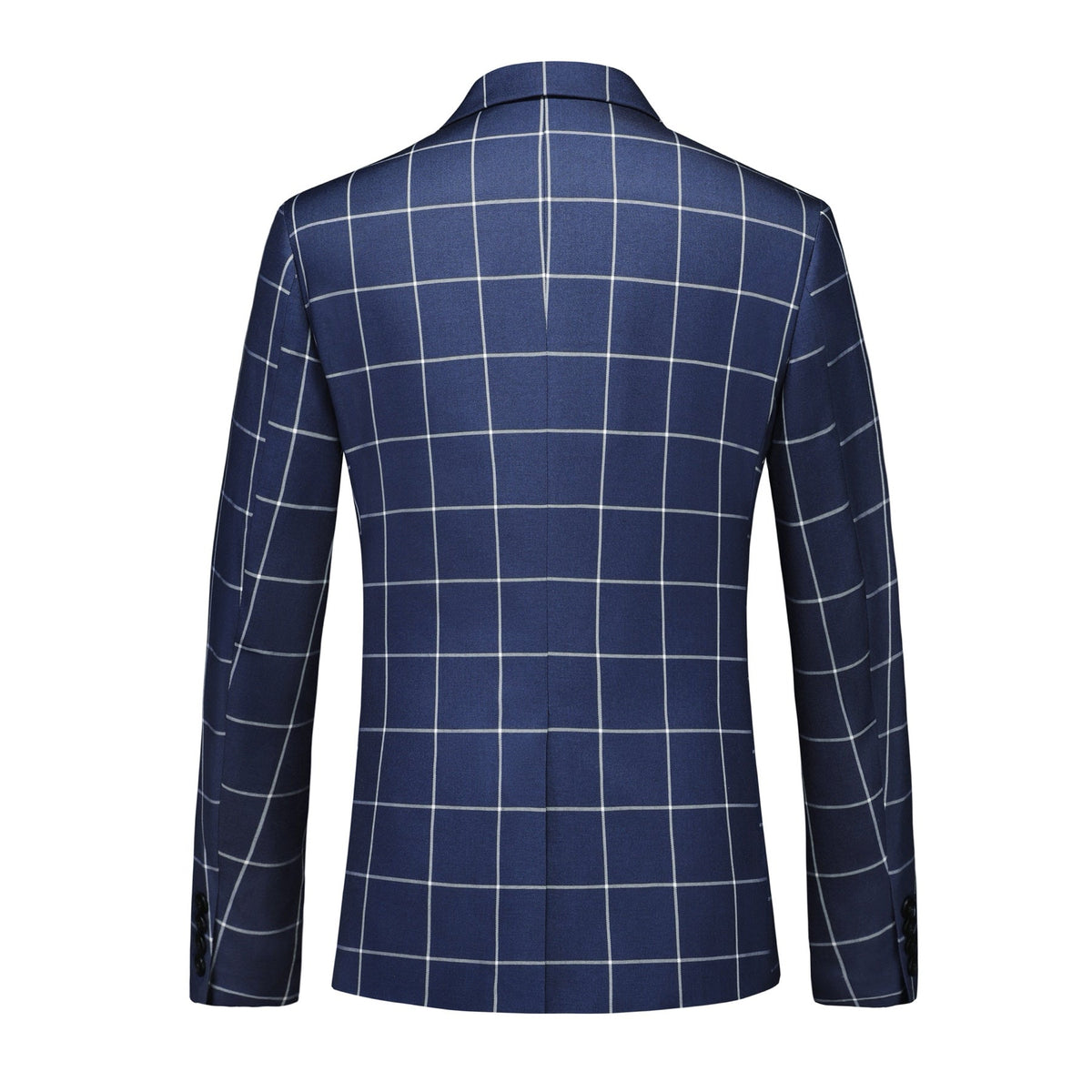 Men's blue suit shorts and matching blazer with white windowpane plaid pattern