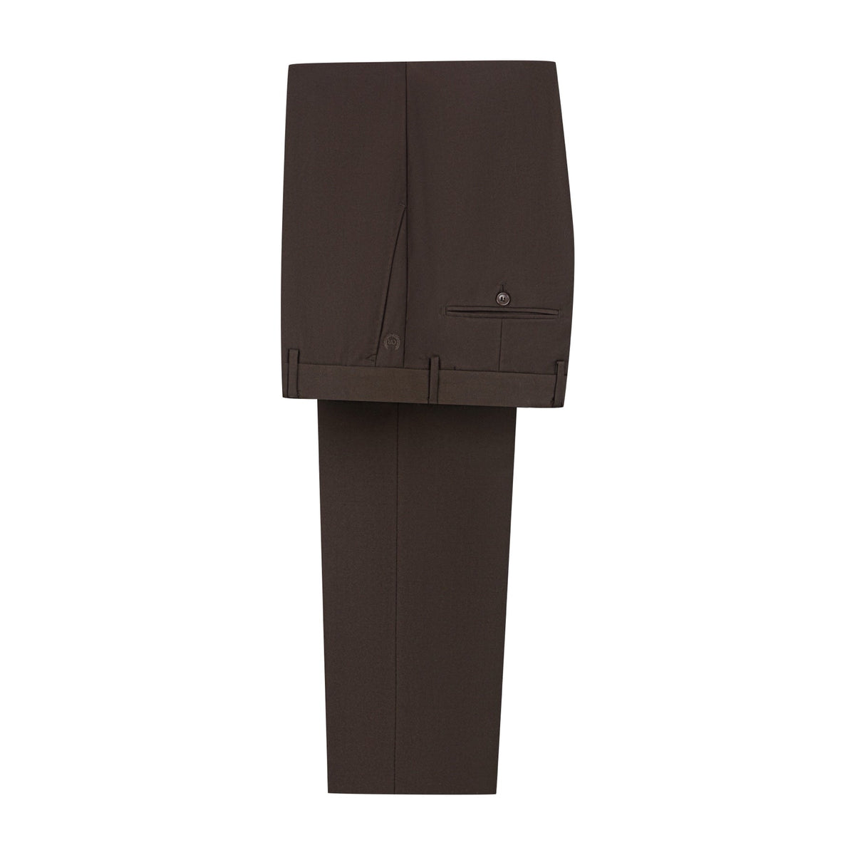 Full view of a men's brown 3-piece suit on a mannequin, including a single-breasted jacket, double-breasted vest, and