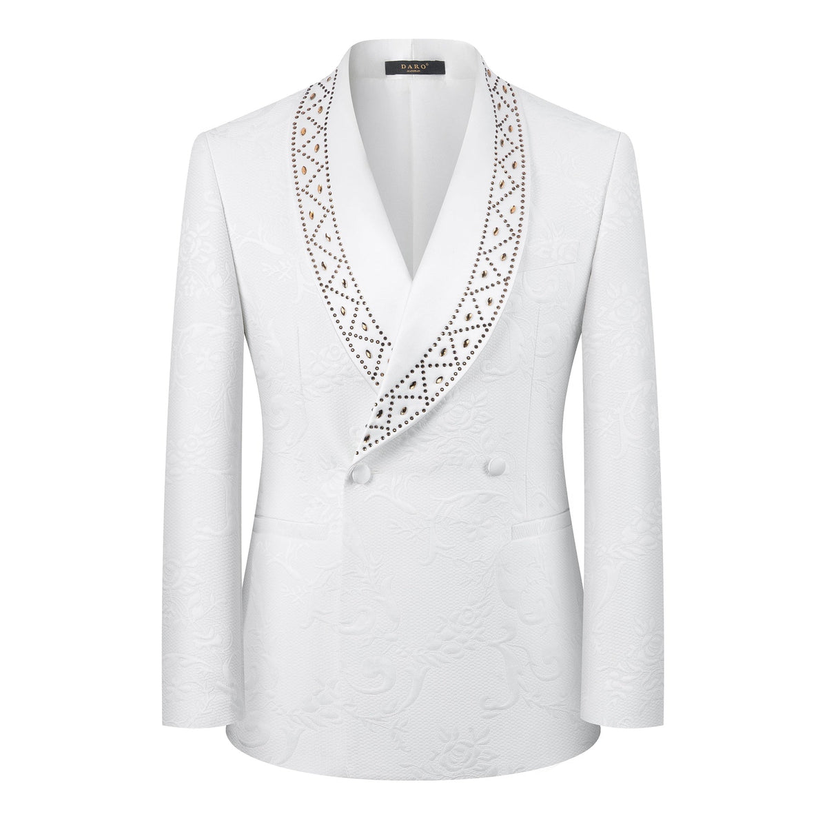Full view of a men's white jacquard double-breasted suit with studded shawl lapels, paired with black trousers and brown