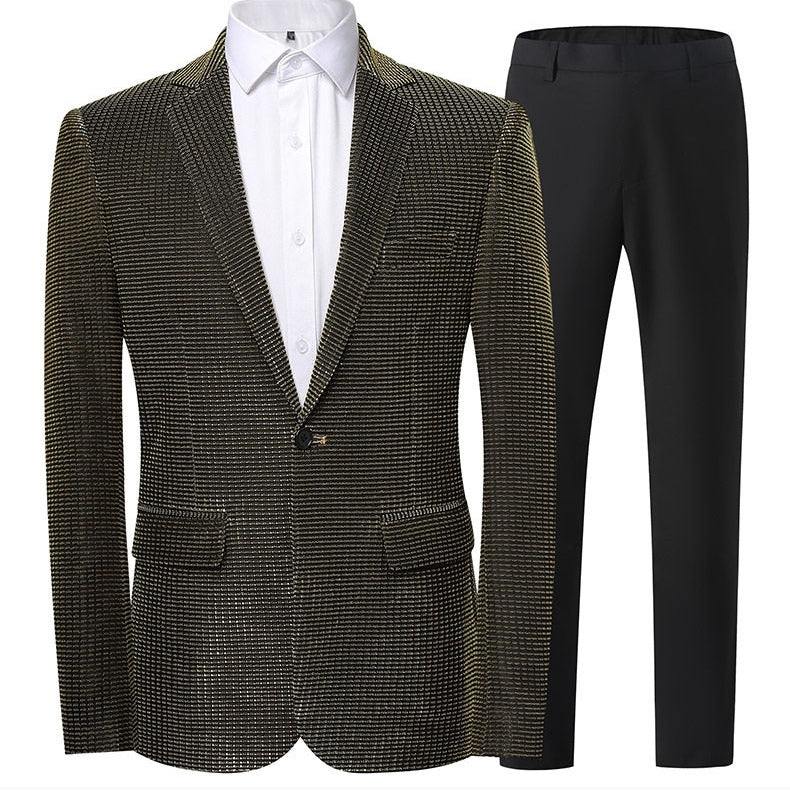 Front view of a Suitmine men's slim fit navy textured blazer with a shimmering grid pattern, paired with a white shirt.