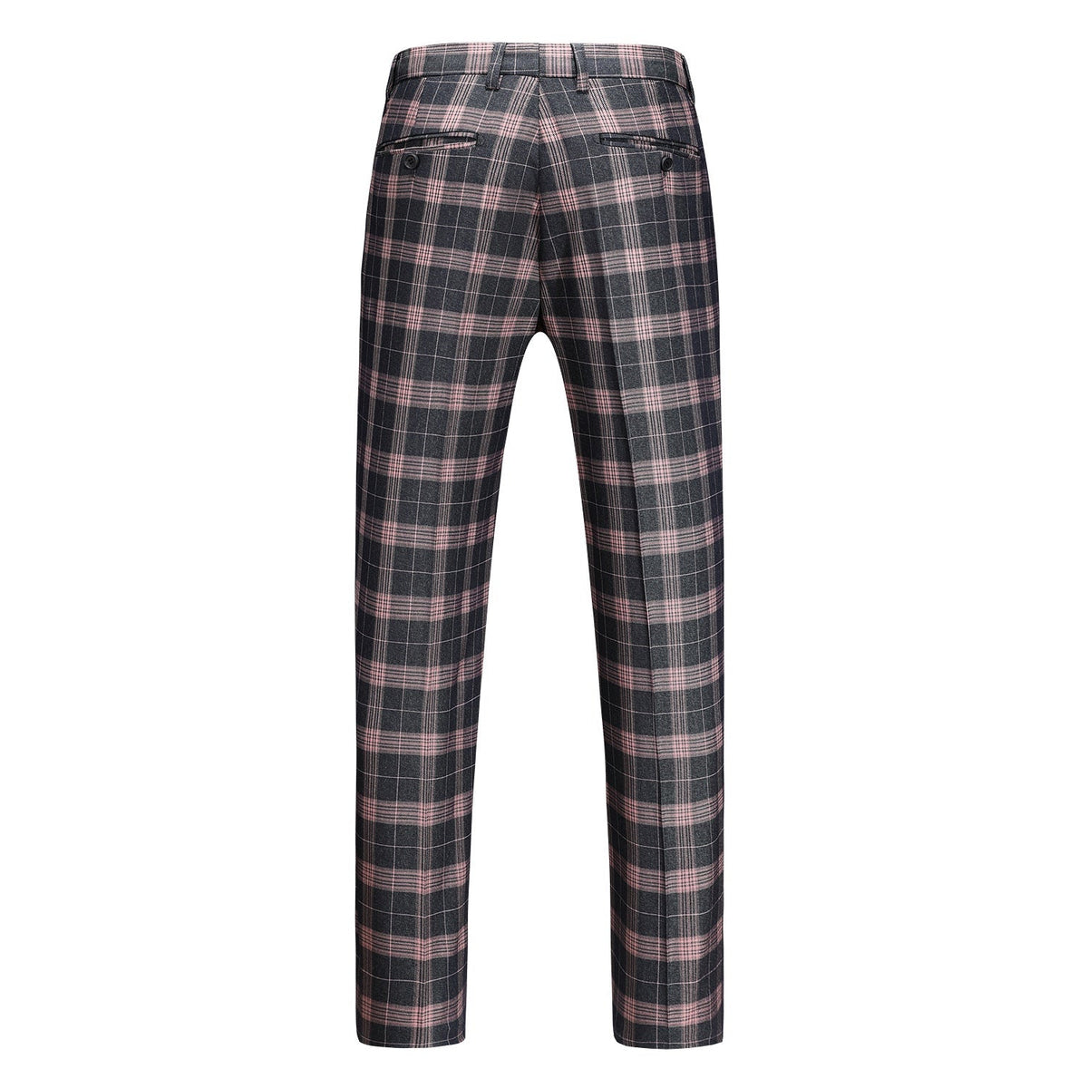 Front view of a men's dark gray and pink plaid three-piece suit, including blazer, vest, and trousers.