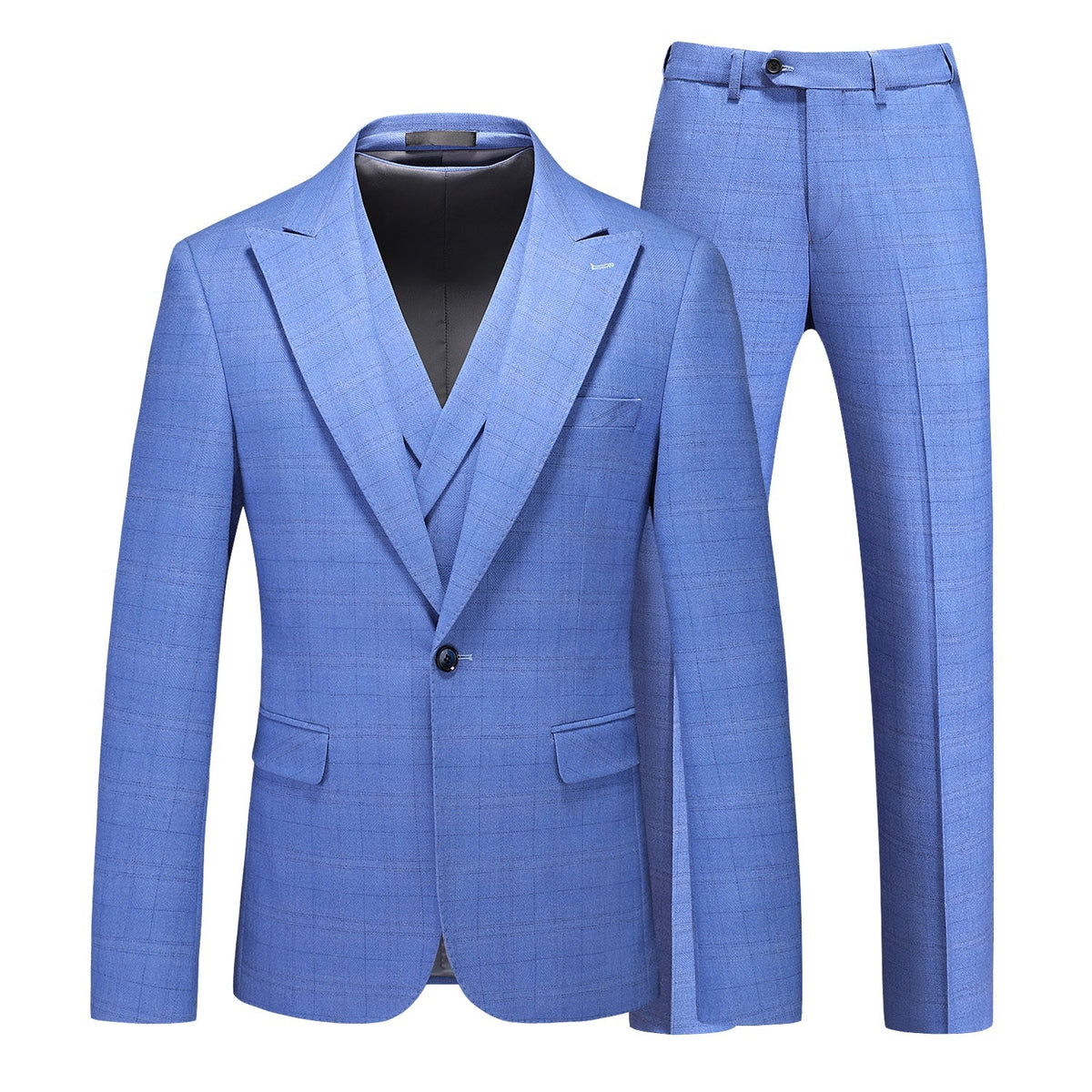 Full view of a men's blue plaid three-piece suit including jacket, double-breasted vest, and trousers, styled on a mannequin.