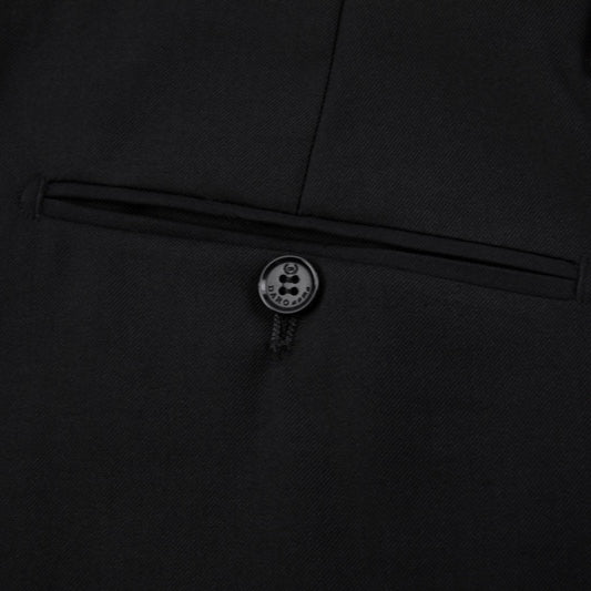 Men's black jacquard double-breasted suit with beaded lapels and matching plain black trousers.