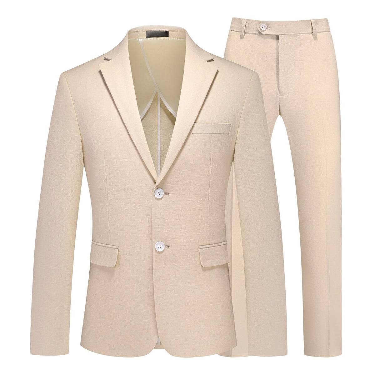 Front view of a men's beige two-piece suit, featuring a single-breasted jacket with two white buttons and matching flat-front