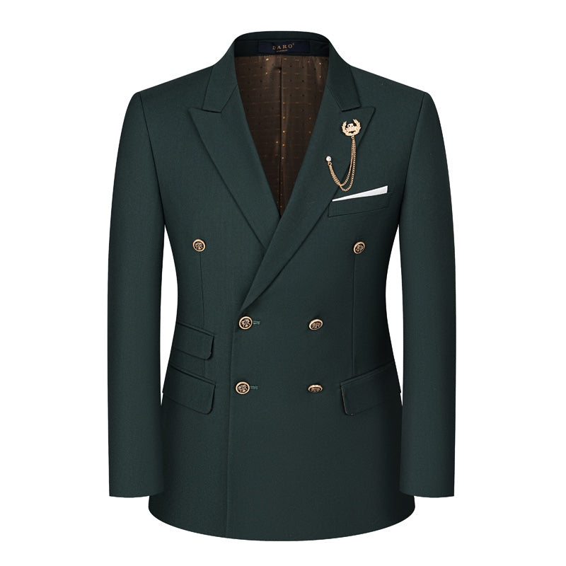 Full view of a men's dark green double-breasted suit with gold buttons, white shirt, and black tie on a mannequin.