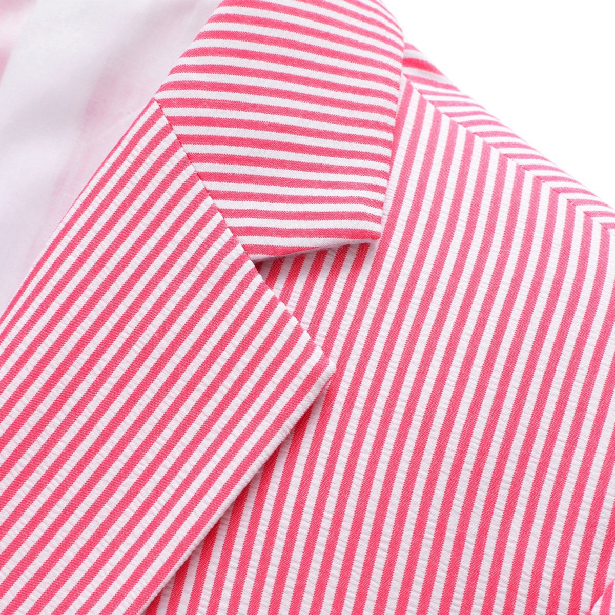 Front view of a men's red and white striped seersucker two-piece suit with a single-button blazer and matching trousers.