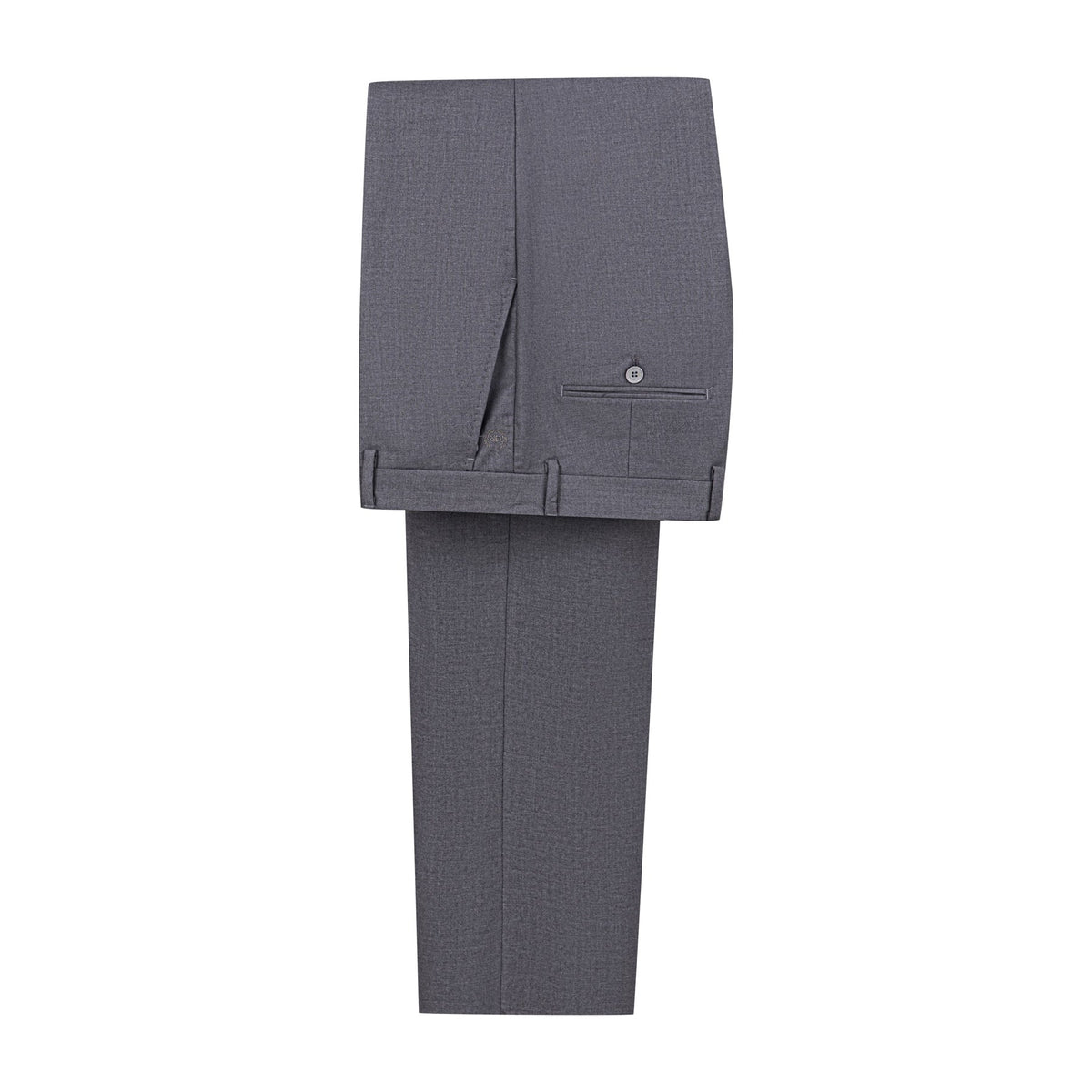 Men's grey three-piece slim fit suit with single-breasted jacket, double-breasted vest, and flat-front trousers, styled with