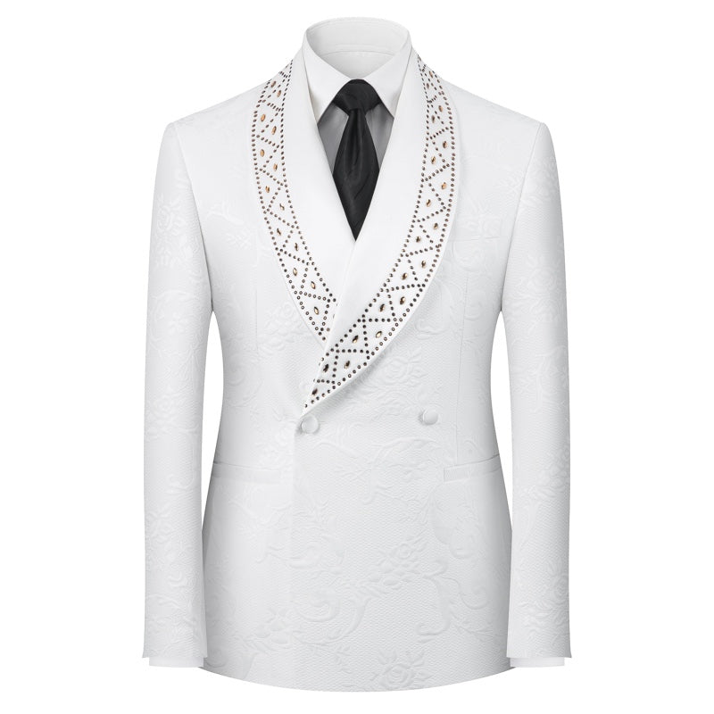 Front view of a men's white double-breasted blazer with gold studded and rhinestone-embellished shawl lapels, featuring a