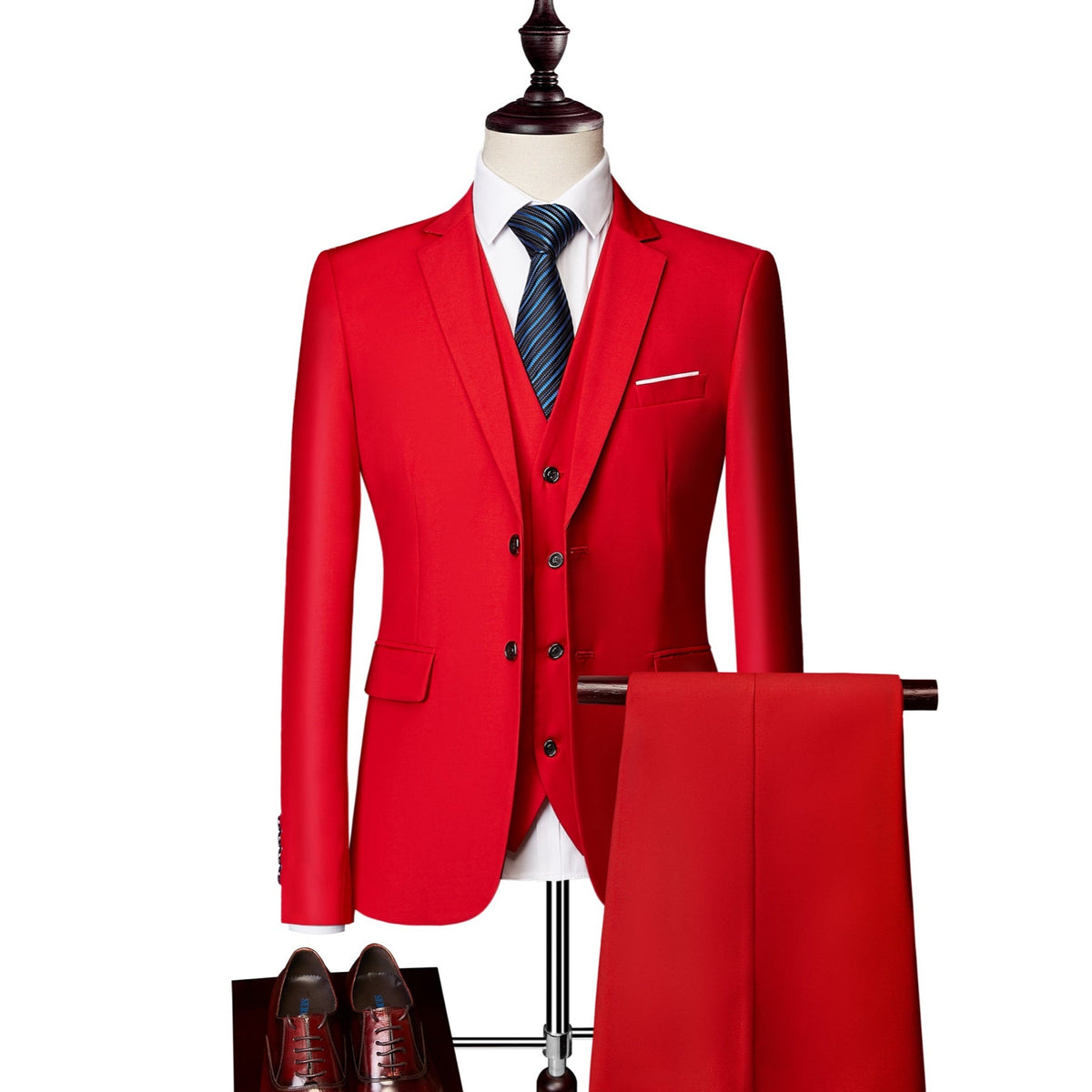 Men's slim fit 3 piece suit in various colors, featuring a jacket, vest, and trousers, styled with a white shirt, tie, and