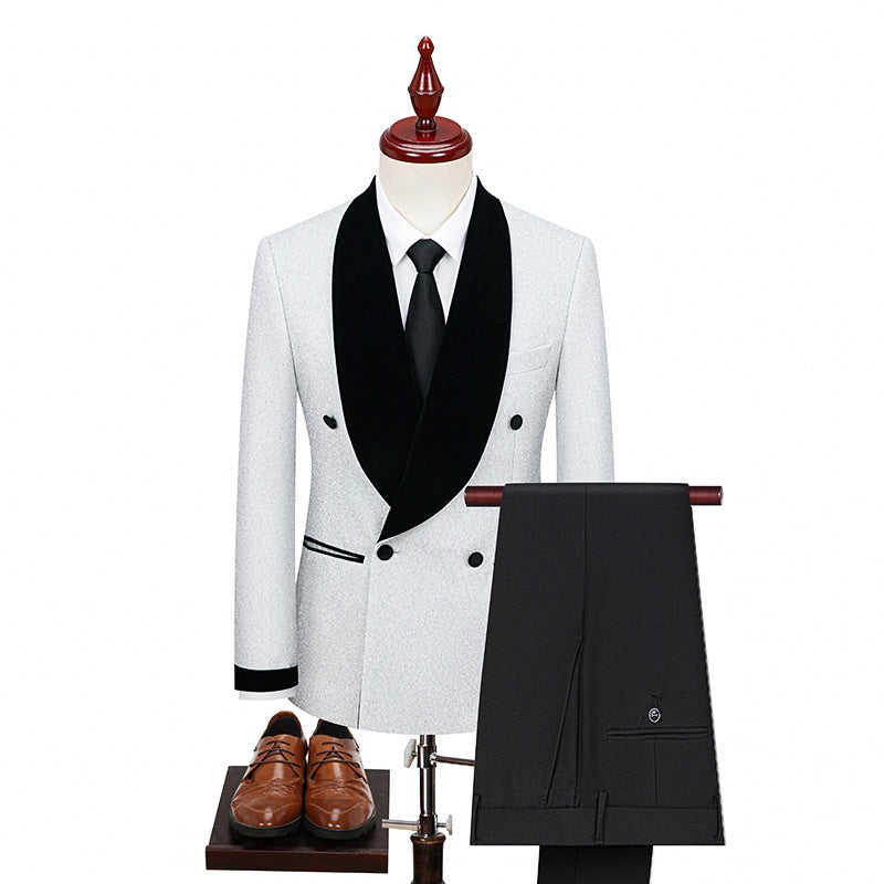Men's double-breasted sparkly tuxedo jacket with black velvet shawl lapel