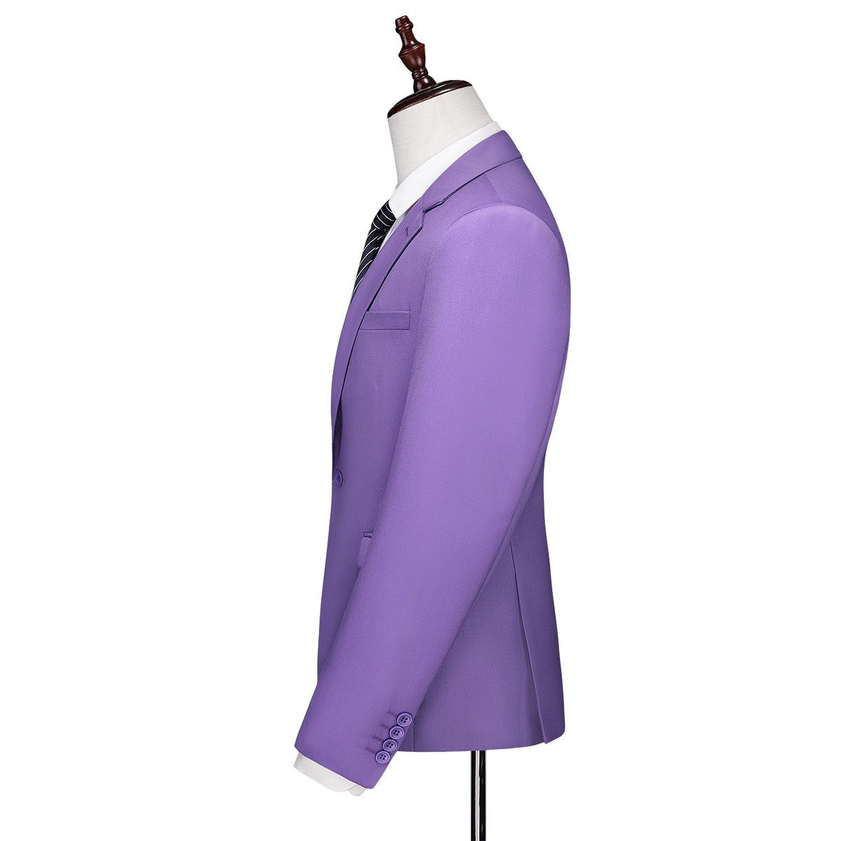 Men's purple three-piece suit, including a blazer, vest, and trousers, displayed on a mannequin with a white shirt and