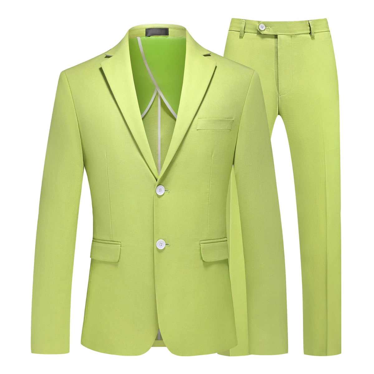 Men's lime green slim fit suit set with two-button blazer and matching trousers