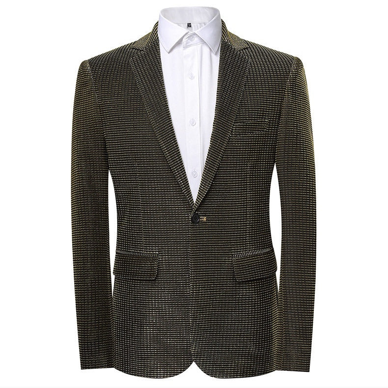 Front view of a Suitmine men's slim fit navy textured blazer with a shimmering grid pattern, paired with a white shirt.