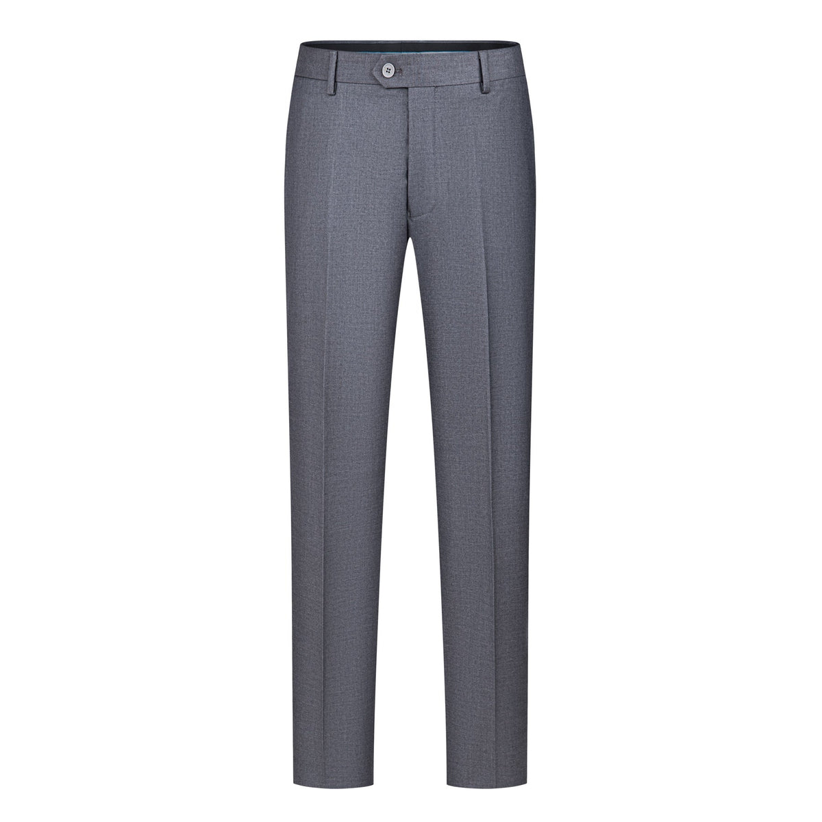Men's grey three-piece slim fit suit with single-breasted jacket, double-breasted vest, and flat-front trousers, styled with