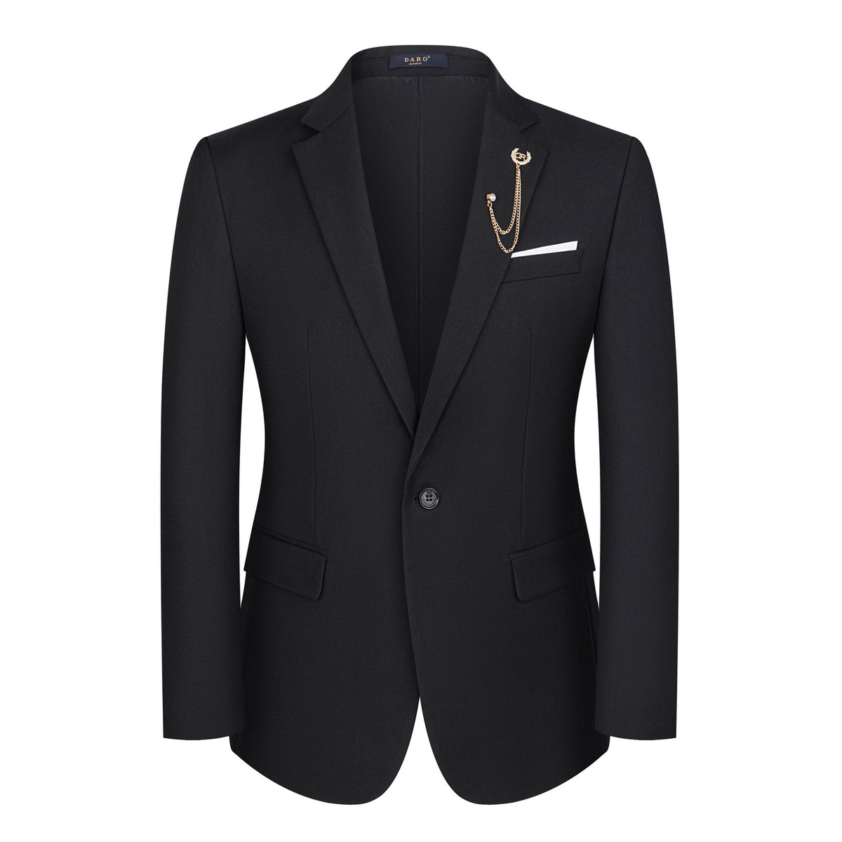 Full view of a Suitmine Men's Black Slim Fit 3-Piece Suit on a mannequin, featuring a blazer, vest, and trousers, accented