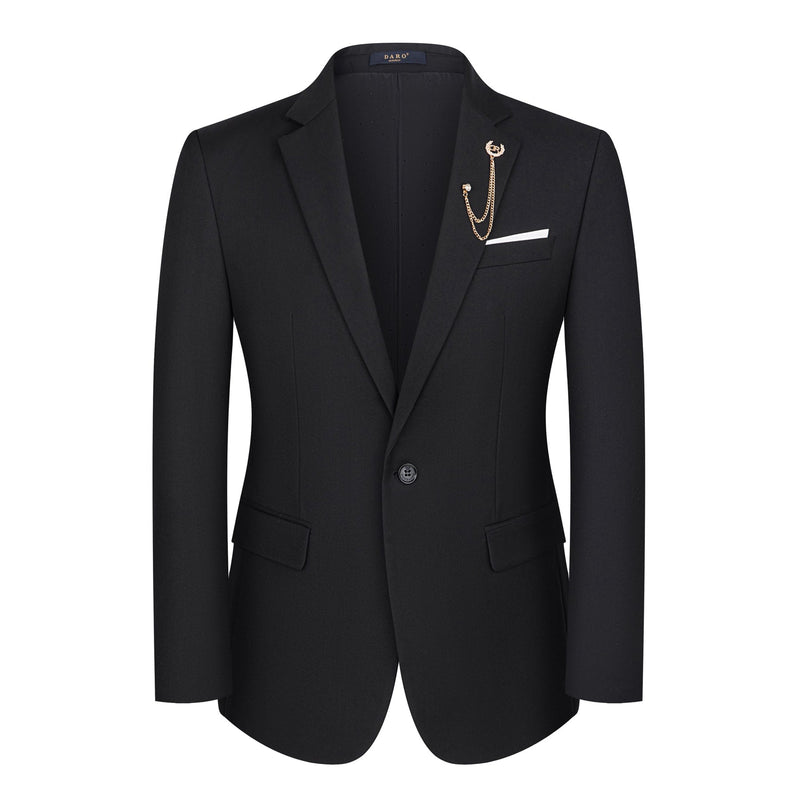 Full view of a Suitmine Men's Black Slim Fit 3-Piece Suit on a mannequin, featuring a blazer, vest, and trousers, accented