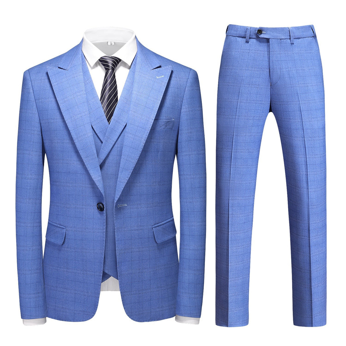 Full view of a men's blue plaid three-piece suit including jacket, double-breasted vest, and trousers, styled on a mannequin.
