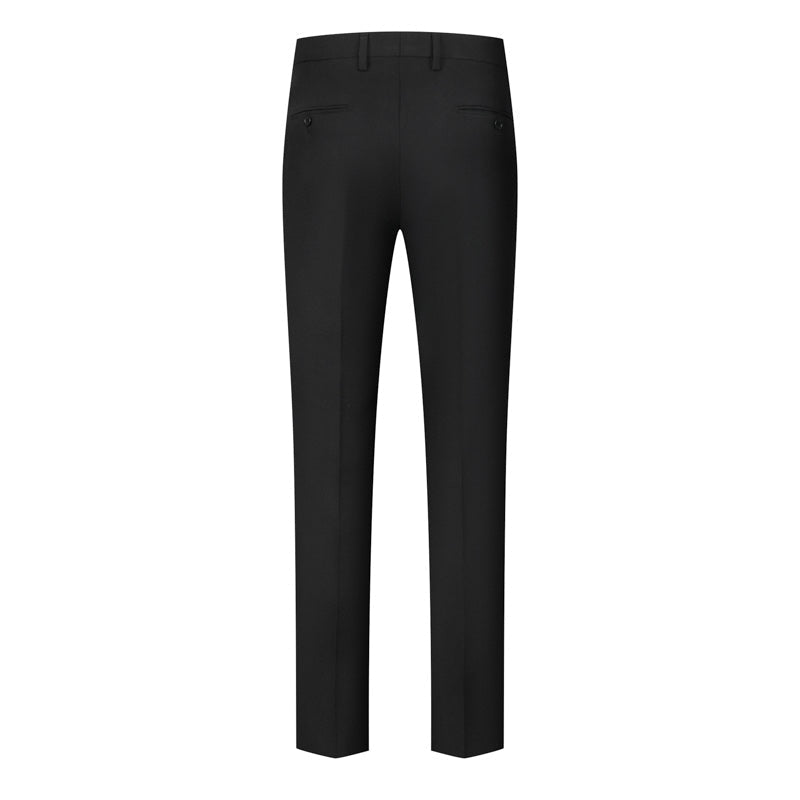 Men's black jacquard double-breasted suit with beaded lapels and matching plain black trousers.