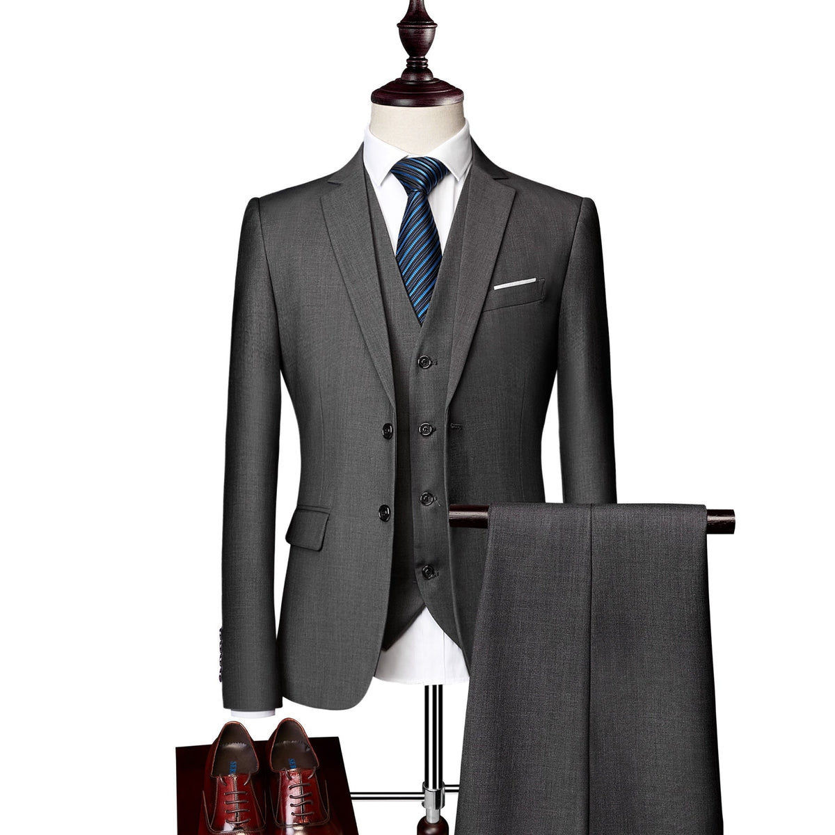 Men's slim fit 3 piece suit in various colors, featuring a jacket, vest, and trousers, styled with a white shirt, tie, and