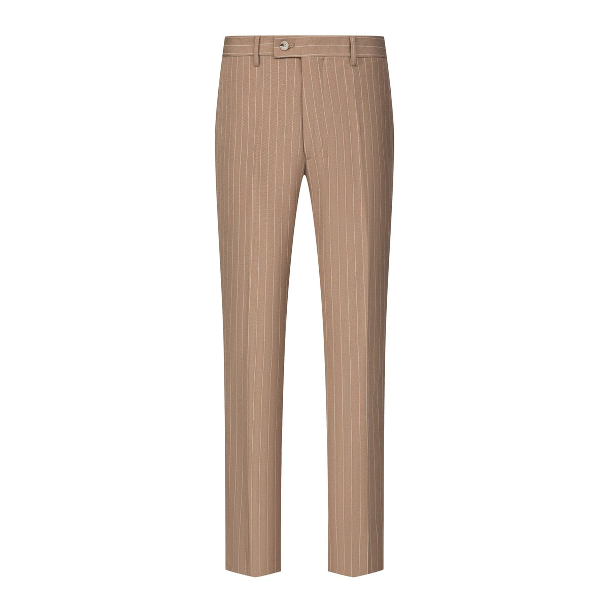 Men's beige pinstripe three-piece suit with a single-breasted jacket, double-breasted vest, and matching trousers, styled
