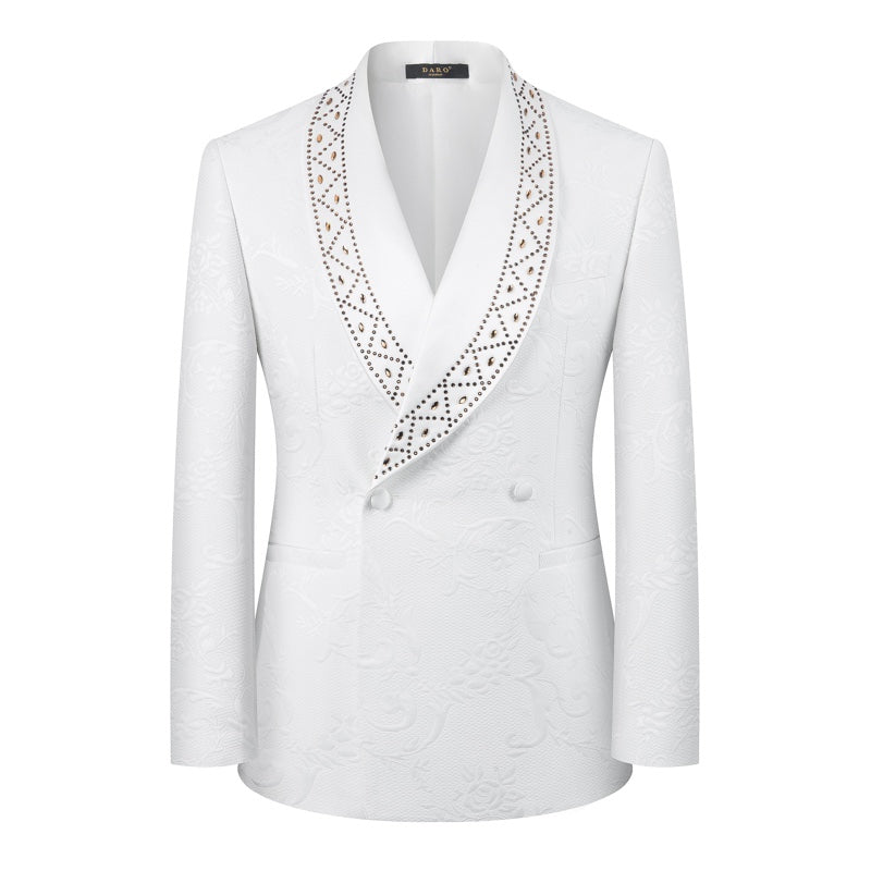 Front view of a men's white double-breasted blazer with gold studded and rhinestone-embellished shawl lapels, featuring a