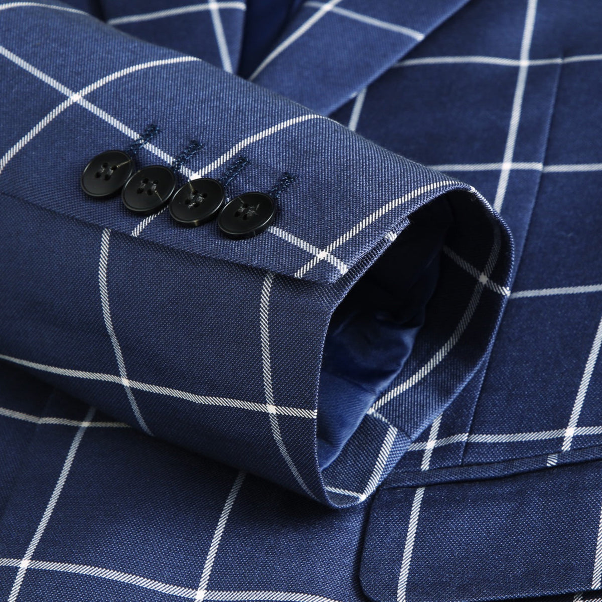 Men's blue suit shorts and matching blazer with white windowpane plaid pattern
