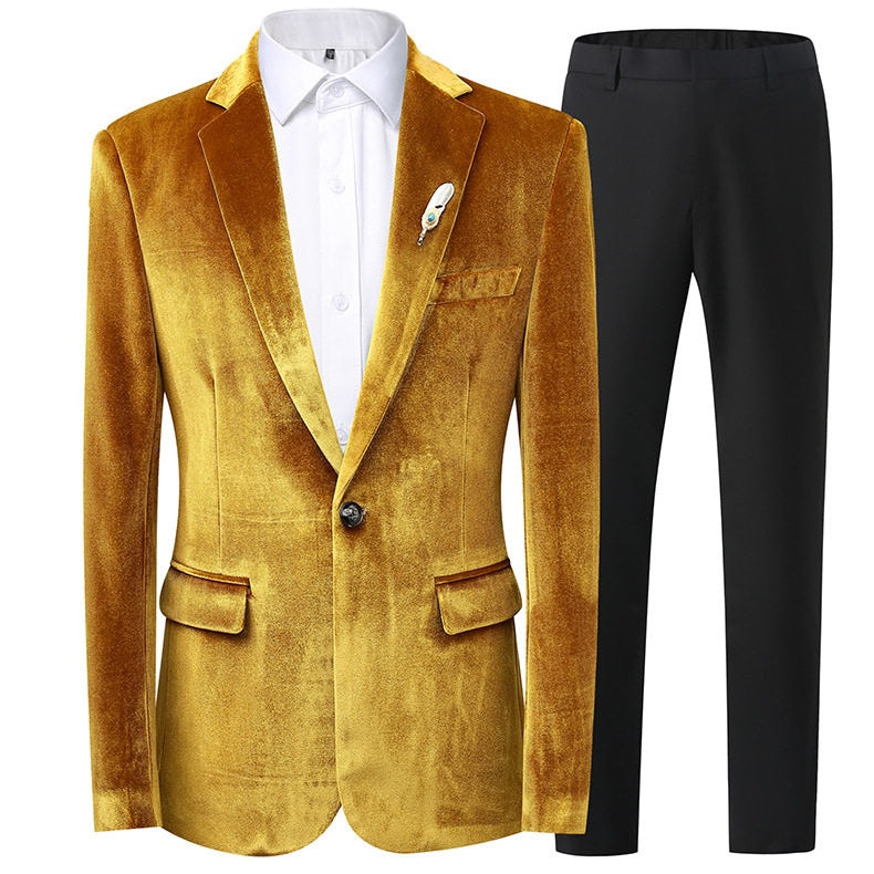 A collection of men's velvet suits in blue, red, gold, purple, and green, each featuring a one-button blazer with a feather