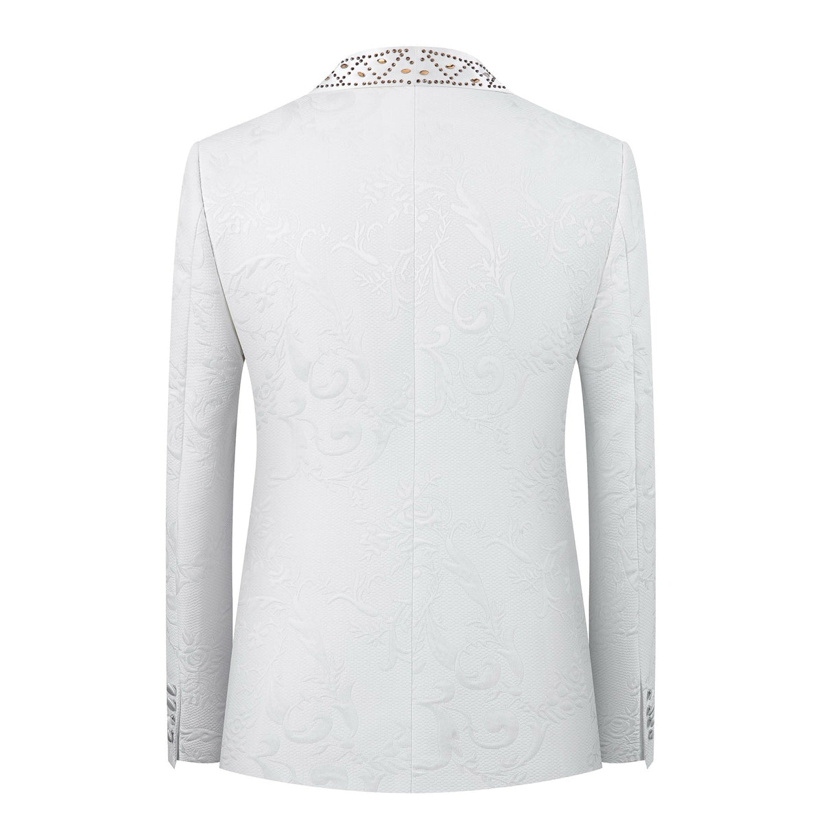 Full view of a men's white jacquard double-breasted suit with studded shawl lapels, paired with black trousers and brown