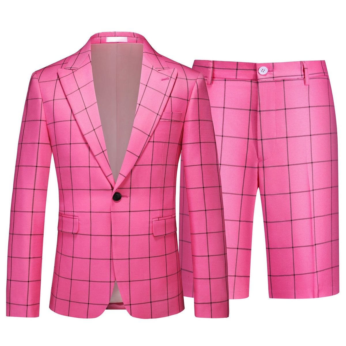Front view of a men's bright pink plaid blazer and matching shorts set.