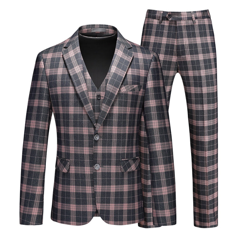 Front view of a men's dark gray and pink plaid three-piece suit, including blazer, vest, and trousers.