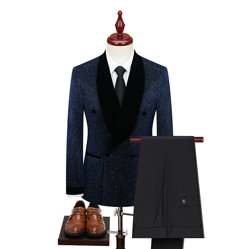 Men's double-breasted sparkly tuxedo jacket with black velvet shawl lapel