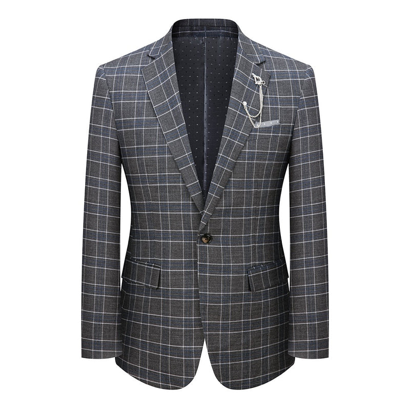 Full view of a men's grey plaid three-piece suit, including a single-button blazer with a lapel pin, a double-breasted vest,
