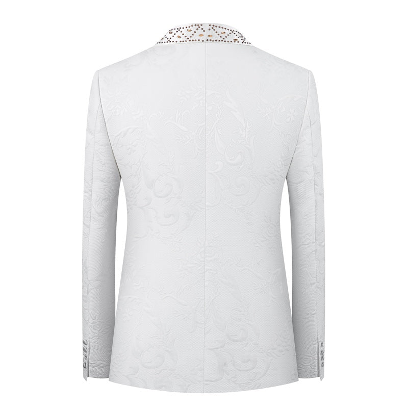 Front view of a men's white double-breasted blazer with gold studded and rhinestone-embellished shawl lapels, featuring a
