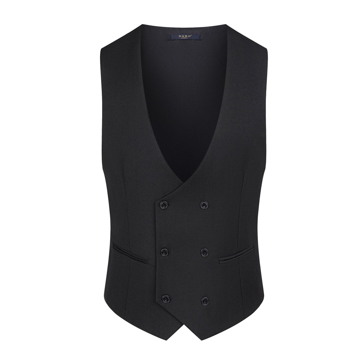 Full view of a Suitmine Men's Black Slim Fit 3-Piece Suit on a mannequin, featuring a blazer, vest, and trousers, accented
