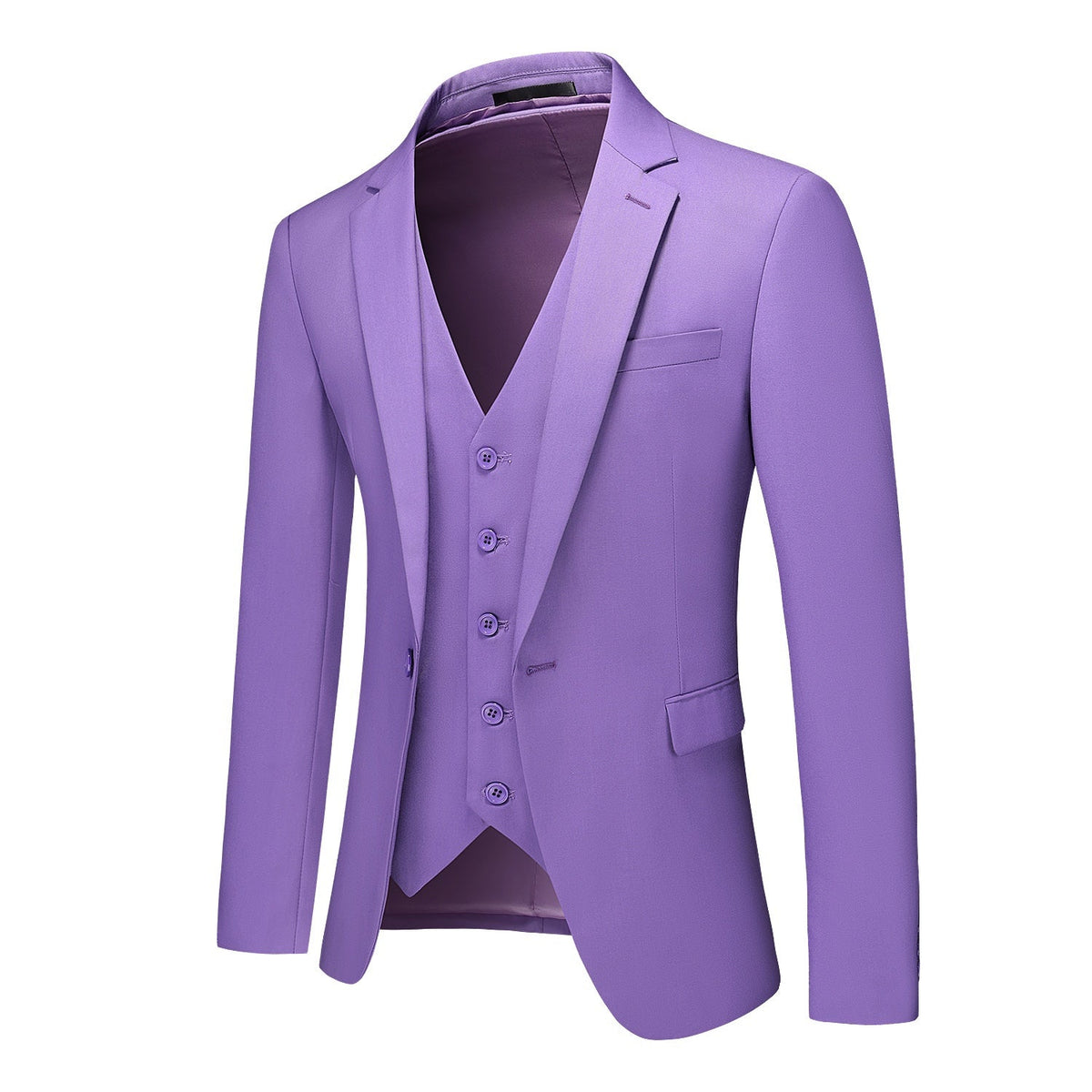 Men's purple three-piece suit, including a blazer, vest, and trousers, displayed on a mannequin with a white shirt and