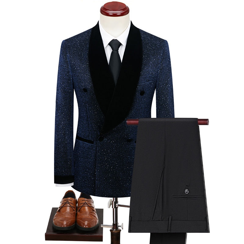Men's double-breasted sparkly tuxedo jacket with black velvet shawl lapel