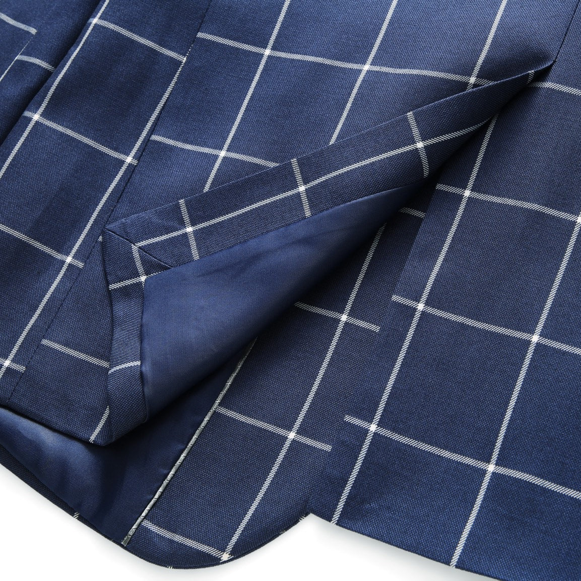 Men's blue suit shorts and matching blazer with white windowpane plaid pattern