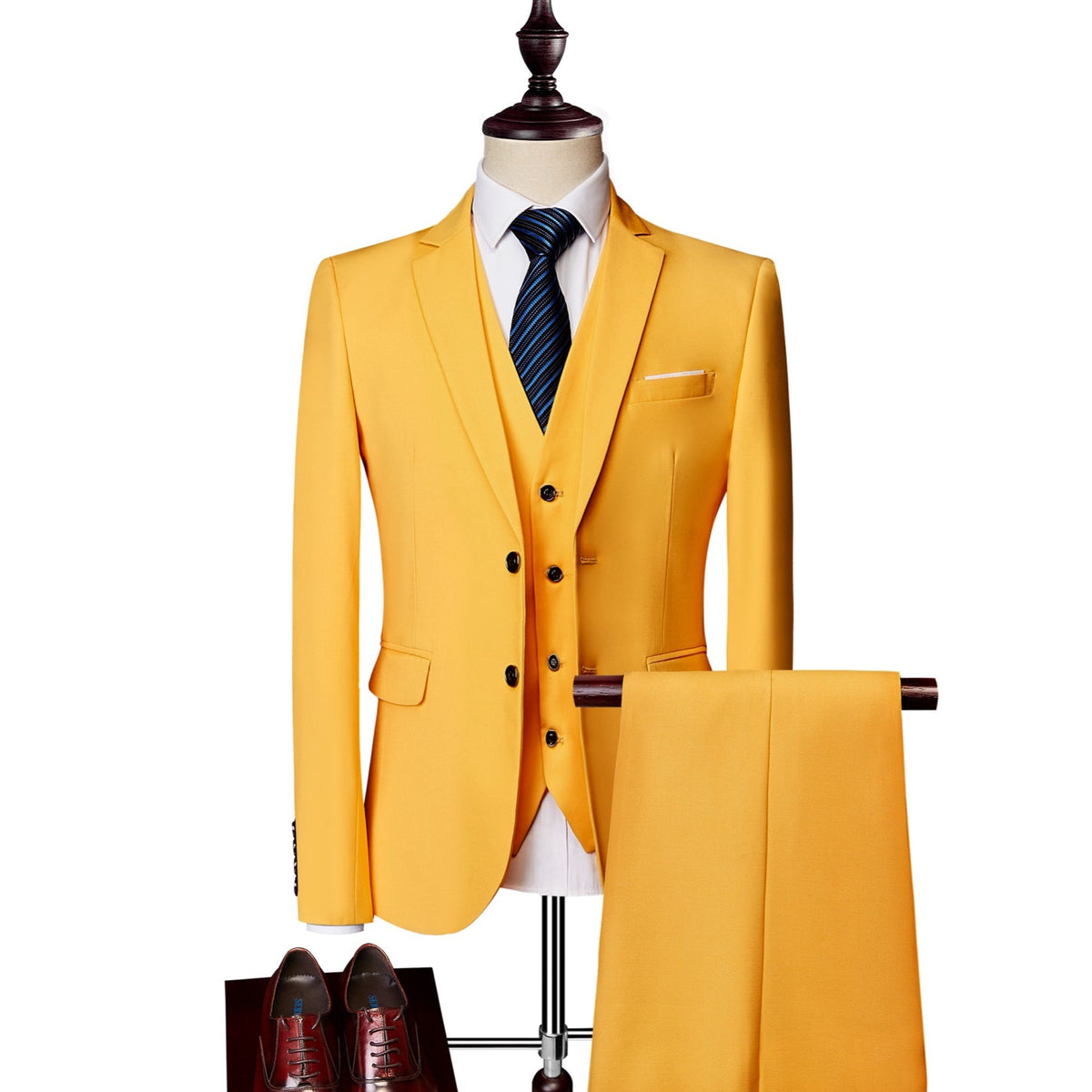 Men's slim fit 3 piece suit in various colors, featuring a jacket, vest, and trousers, styled with a white shirt, tie, and