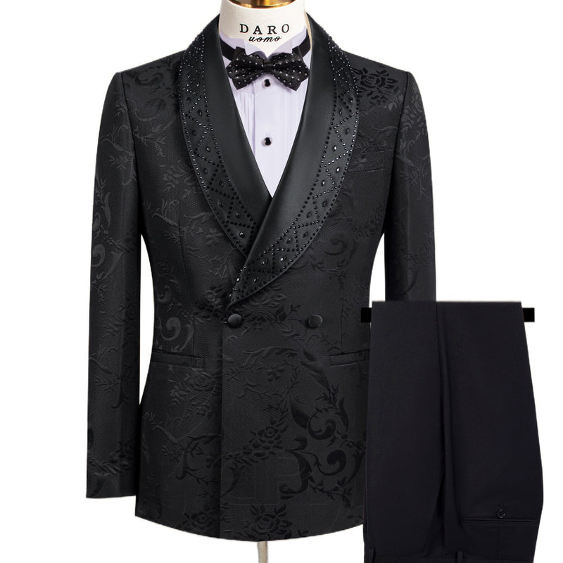 Men's black jacquard double-breasted suit with beaded lapels and matching plain black trousers.