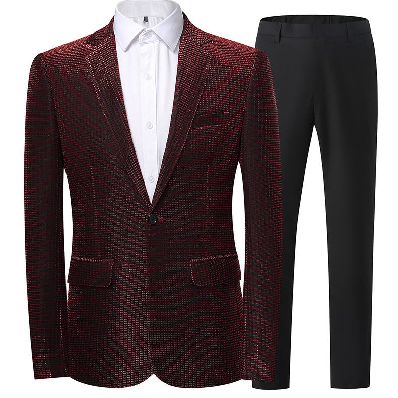 Front view of a Suitmine men's slim fit navy textured blazer with a shimmering grid pattern, paired with a white shirt.