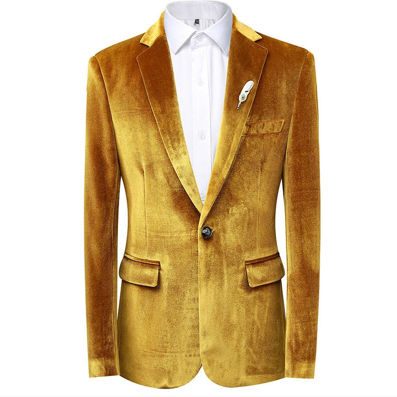 A collection of men's velvet suits in blue, red, gold, purple, and green, each featuring a one-button blazer with a feather