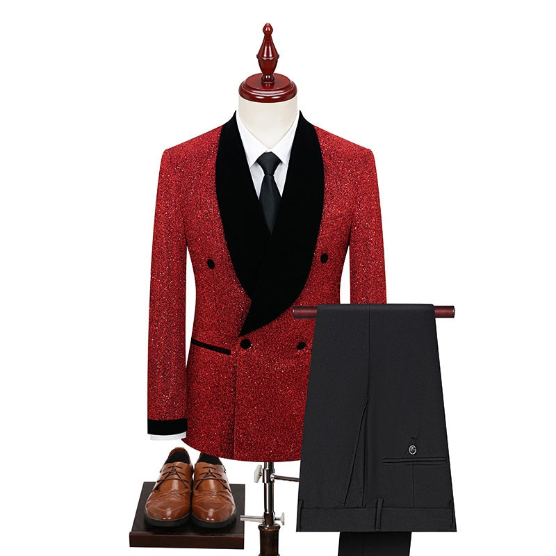 Men's double-breasted sparkly tuxedo jacket with black velvet shawl lapel